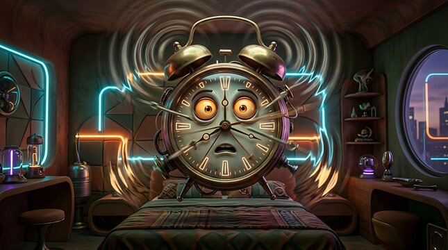 Shocked anthropomorphic alarm clock vibrating in a futuristic bedroom