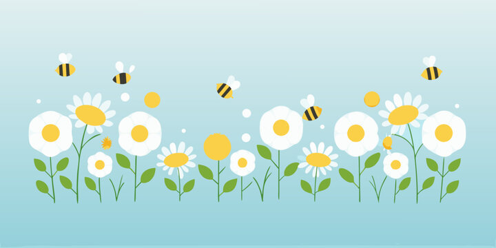 Daisy flowers and bees a flat vector illustration with a light blue background