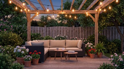 Fototapeta premium Outdoor patio with modern sectional sofa, wooden pergola, string lights, and potted flowers in a landscaped garden setting at dusk