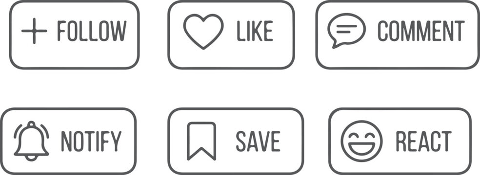 Social media buttons like follow, like, comment, notify, save, react with icons, UI element for engagement, digital interface design.