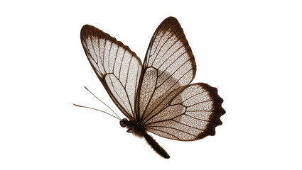 Isolated detailed side view of a Glasswing butterfly, showing delicate transparent wings. © Aoife