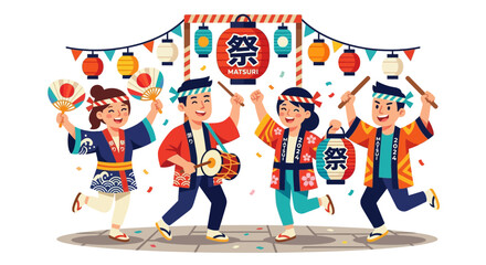 Japanese Festival Celebration: People Dancing and Drumming in Traditional Attire