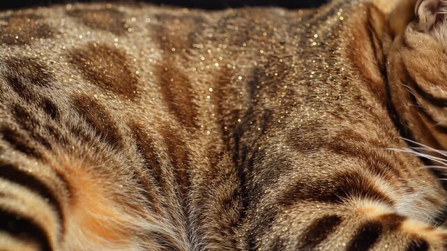 Detailed close up of a tabby cat fur pattern showing brown black and golden stripes