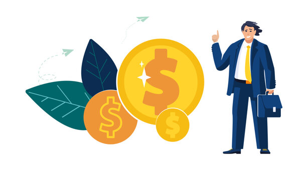 Business finance, people. Financial expert businessman with portfolio analyses cash profit from gold dollar cents. Bank, financial savings. Cash, banking, business, money. Vector flat illustration
