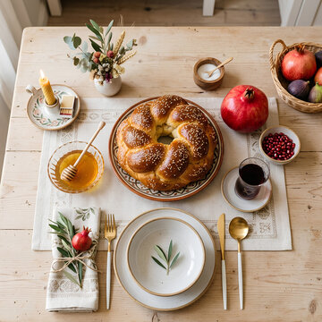 Top-down view of Rosh Hashanah table