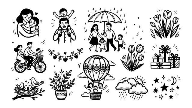 Hand drawn family and spring doodle set featuring vector line art illustrations of parents children flowers gifts and hearts