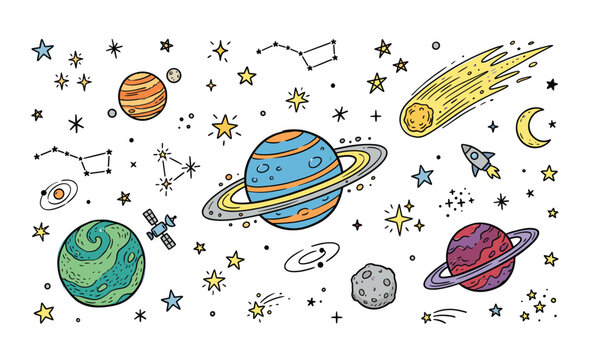 Set of space objects: planets, stars. Hand drawn vector