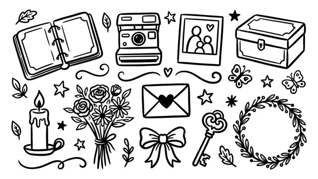 Nostalgic memory and love doodle vector set with instant camera photo album key envelope and flowers line art elements