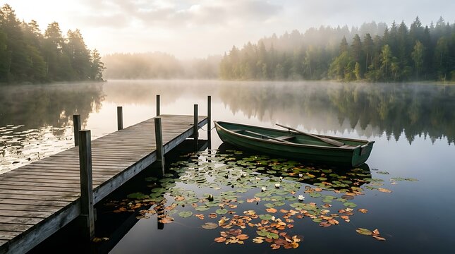 Wooden pier and rowing boat on a peaceful misty lake at dawn