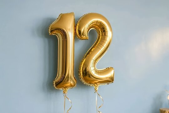 Shiny gold foil balloons forming the number 12 on a soft blue background, creating a festive and elegant decoration for birthdays, anniversaries, milestones, and celebration events