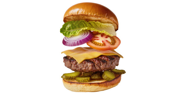 Isolated classic cheeseburger layers floating apart showing bun, patty, cheese, vegetables