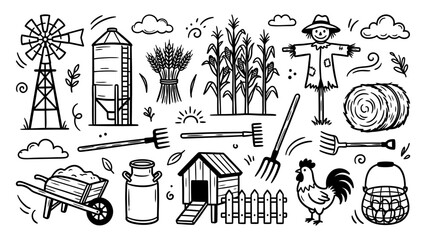 Hand drawn farm doodle vector set with windmill scarecrow rooster and agricultural tools for country life design © Sahabat