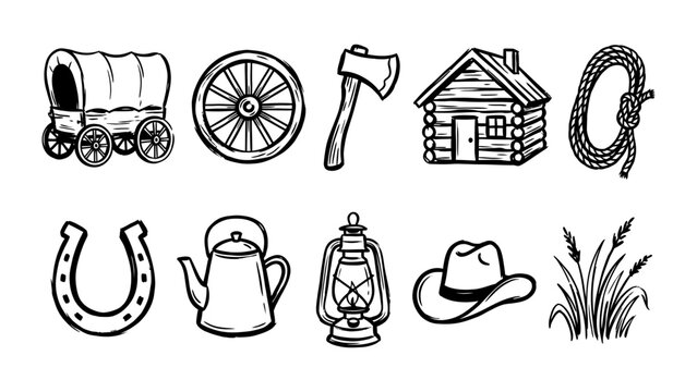 Wild West and pioneer life vector icon set with cowboy hat wagon wheel log cabin horseshoe and lantern hand drawn sketch style