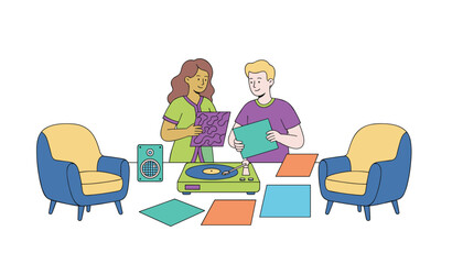 Fototapeta premium Young couple chooses vinyl music records to play on green turntable while standing in living room near two comfortable armchairs.