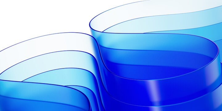 Blue transparent glass shapes - abstract geometric pattern. Futuristic background with reflections, transparency, clean lines. 3D illustration