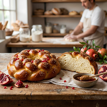 Half-sliced challah bread showing soft interior
