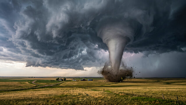 Massive tornado twister destroying rural farm fields and barns under dramatic storm clouds with lightning