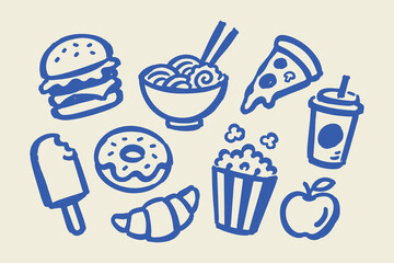 Fototapeta premium Fast Food Snack Icons Blue Doodle Set Vector