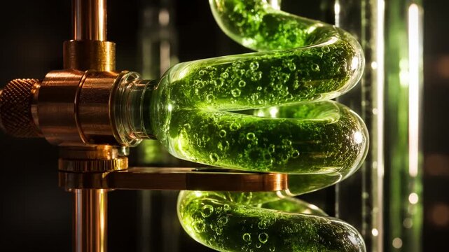 Macro shot of glowing algae coils and copper tech  