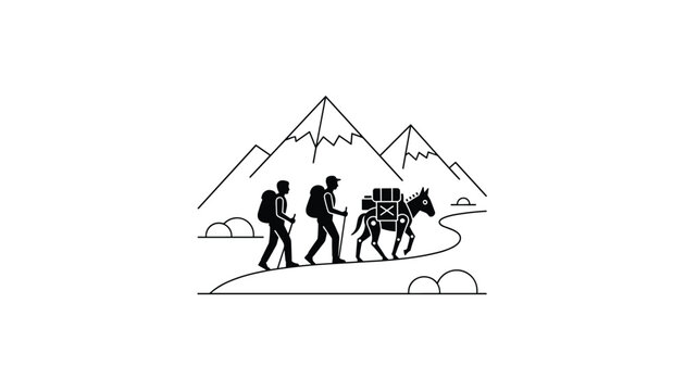 Two hikers walk along a path in the mountains accompanied by a robotic pack animal carrying gear in a simple black and white line drawing.