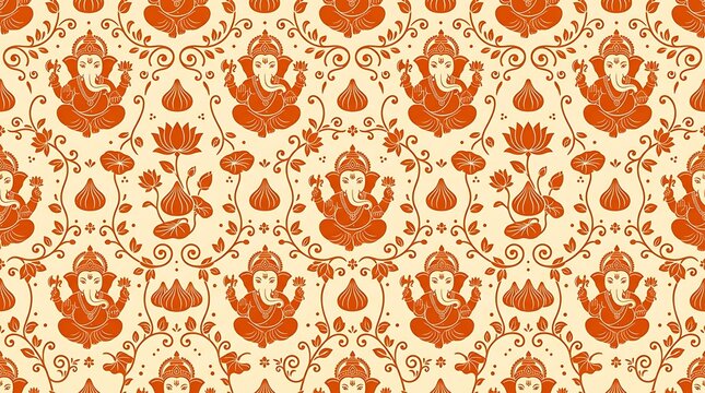 Traditional ganesha seamless pattern with lotus and modak motifs