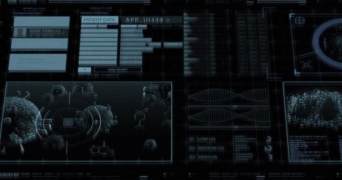 Detailed 3D virus particles float across a dark scientific interface alongside chemical structure diagrams and threat levels.