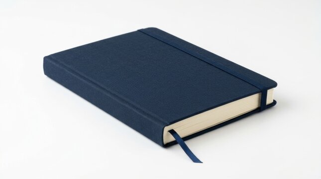 Dark blue hardcover notebook with elastic closure and ribbon bookmark
