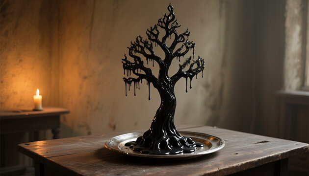 Black decorative tree sculpture on silver tray in dimly lit room  