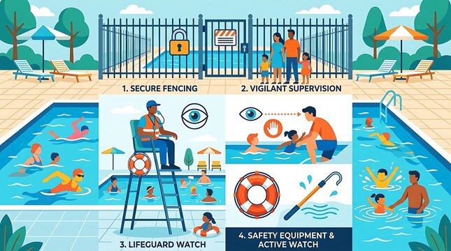 Swimming pool safety measures and lifeguard supervision infographic