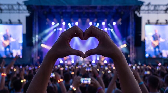 Hands forming a heart shape in front of a concert stage with colorful lights and audience holding smartphones capturing the performance
