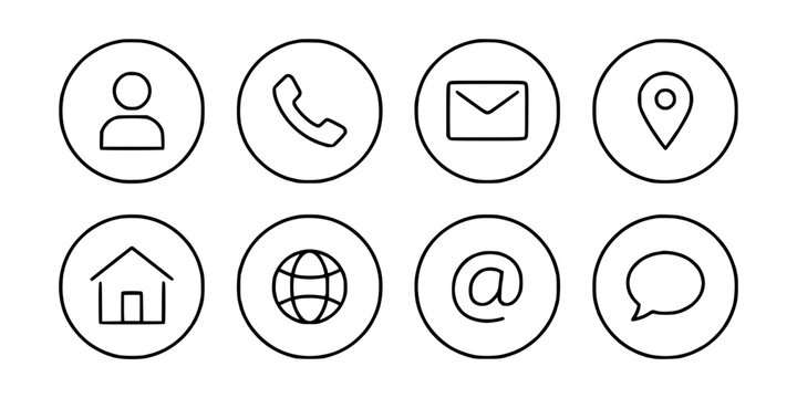 Icons Representing Contact and Communication Methods in Circular Designs Featuring Icon, Circle, Design with Symbol and User