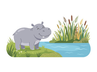 Naklejka premium A cute cartoon hippopotamus standing on the grassy bank of a river.