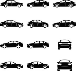 Obraz premium Collection of black sedan car silhouettes from various angles on white background for automotive design
