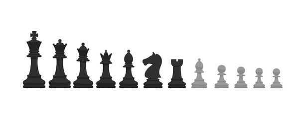 Set of chess pieces including king, queen, bishop, knight, rook, and pawns, arranged in a horizontal row on a white background, illustrated in dark grey and light grey tones © Bappy