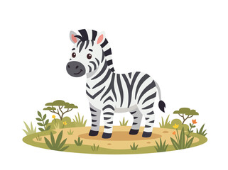 Obraz premium A cute cartoon zebra standing in a savanna landscape.