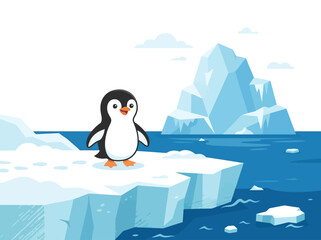 Obraz premium A cute cartoon penguin standing on a floating ice floe in the arctic.