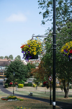 Corby, Northamptonshire, United Kingdom - July 15, 2026: Colorful hanging flower baskets decorating a public park in summer