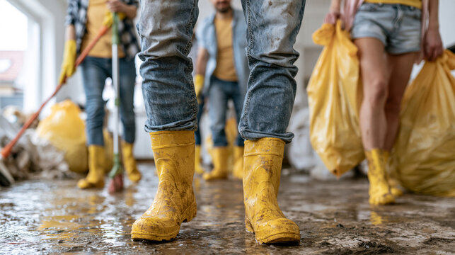 Close-up of people wearing yellow rubber boots cleaning a muddy flooded floor with mops and trash bags indoors.