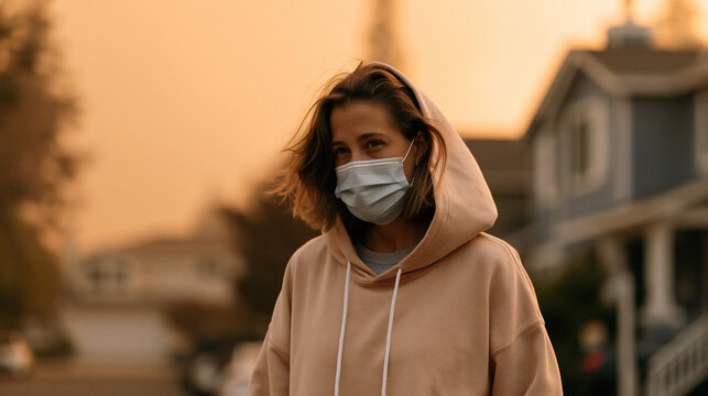 Woman wearing a face mask outdoors on a hazy residential street with orange smoky sky during wildfire smoke and poor air quality.