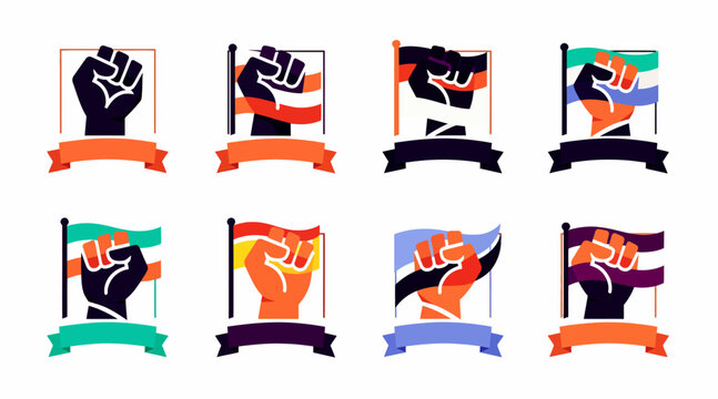 raised fists with colorful banners