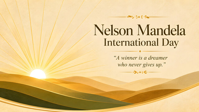 Nelson mandela international day banner with sunrise landscape and inspirational quote