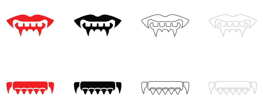 Vampire fangs Halloween teeth icon vector, vampire teeth Halloween Dracula symbol icon vector, silhouette and line art illustration