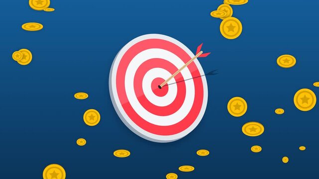 Business Success Concept: Arrow hitting a target with flying gold coins. This animation symbolizes financial goal achievement, profit increase, and precision in investment strategies.