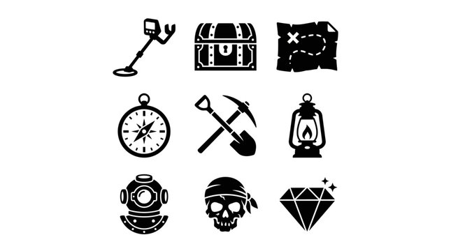 Black and white vector icons of pirate treasure hunting equipment, including metal detector, chest, map, compass, tools, lantern, helmet, skull, diamond.
