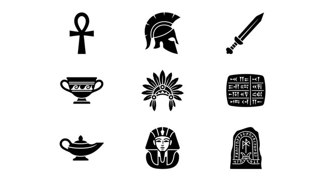 Ancient Civilizations History Glyphs Set. Black and White Vector Icons of Cultural Artifacts, Mythological Symbols, and Historical Items from Various Cultures.