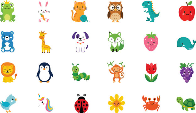 Cute Kawaii Animal and Fruit Sticker Icon Vector Set Featuring Cartoon Lion, Penguin, Unicorn, Dinosaur, Cat, Owl, Apple, and Strawberry for Kids Designs
