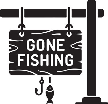 Black silhouette icon of a wooden gone fishing hanging sign