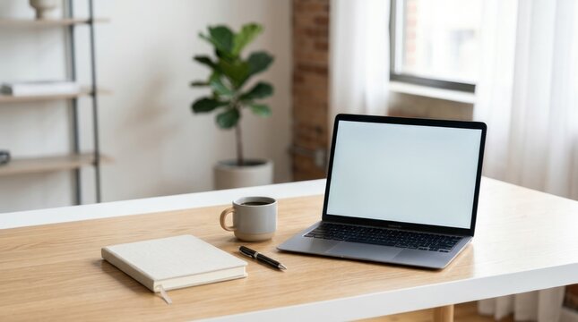 Open laptop and notebook on desk with plant and window background