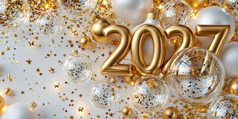 Obraz premium Shiny gold 2027 balloons surrounded by festive glass baubles and scattered star confetti on a white background.