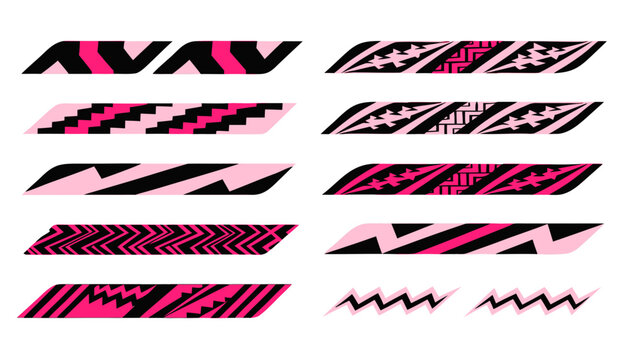 Set of tribal sigil ornament pattern for car tuning decals and body graphic sticker. Modern geometric vector illustration in black and pink color for custom design decor